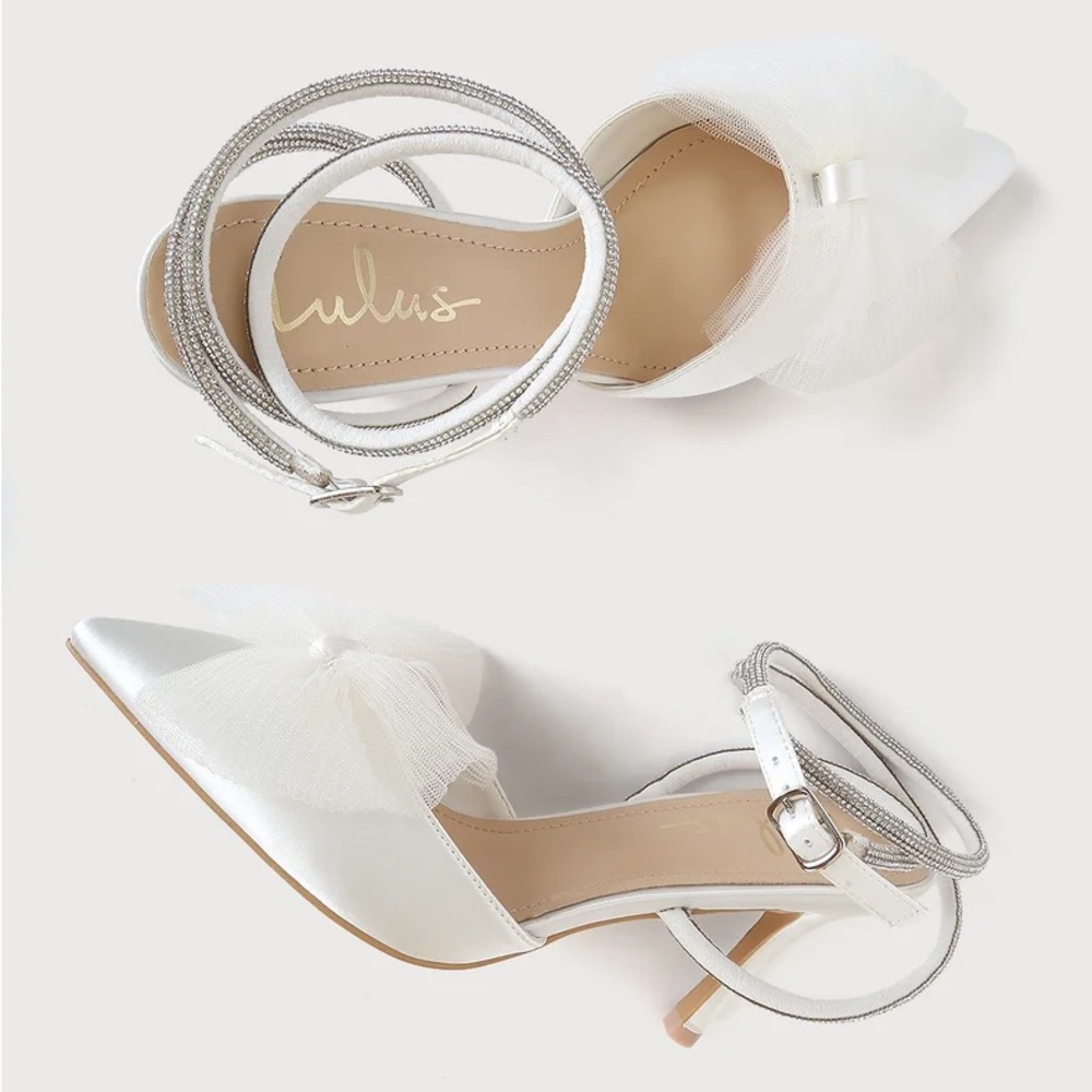 Lelanee White Satin Rhinestone Bow Ankle Strap Pumps - Picture 2 of 3